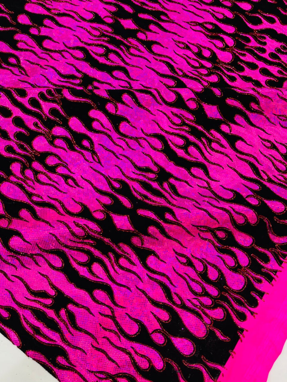 1 Yard Hot Rod Tricot Holographic Spandex Fabric Black Flocking Flames Red Glitter 4 Way Stretch 58-60 inches width